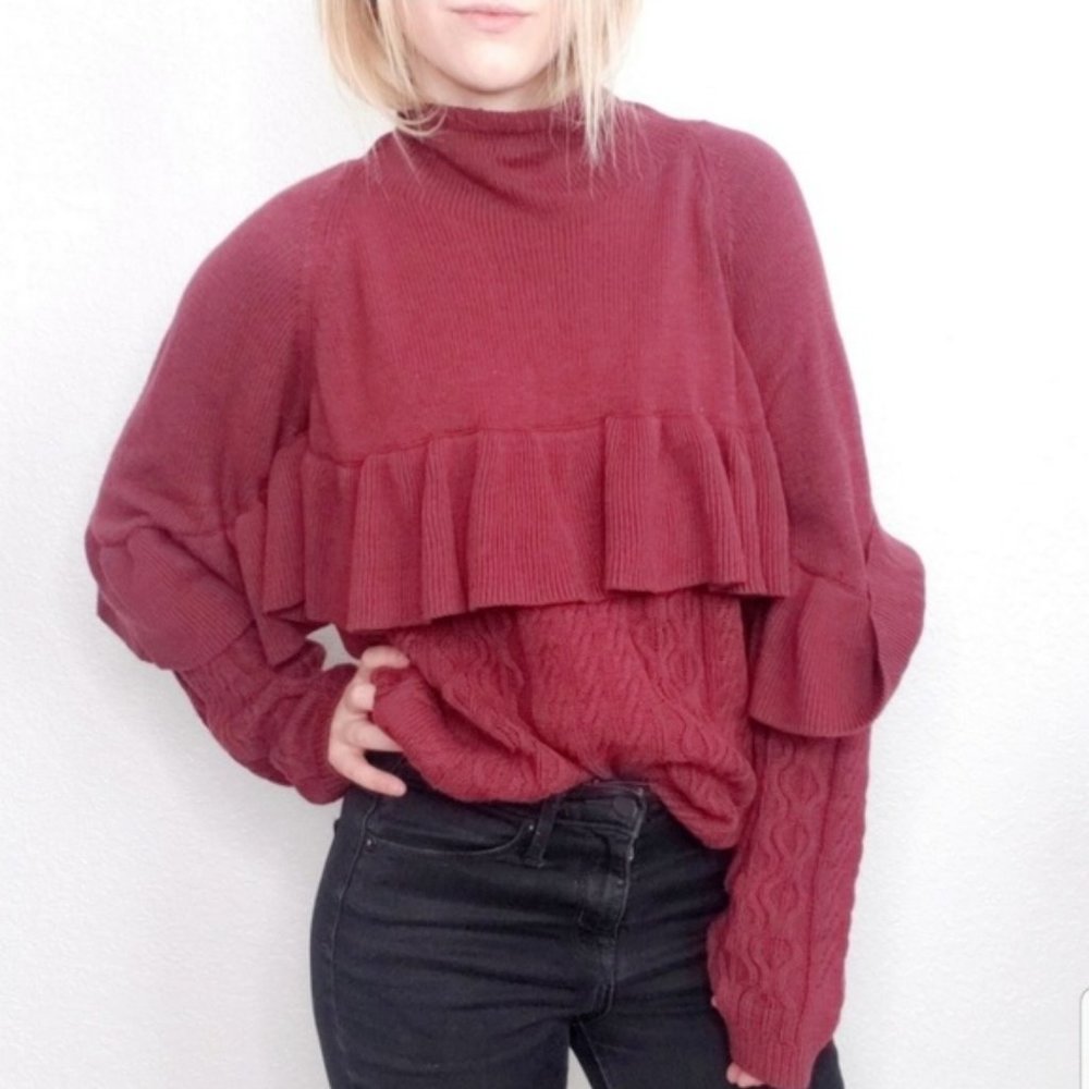 Project Naadam Mock Neck Ruffle Cable Knit Sweater